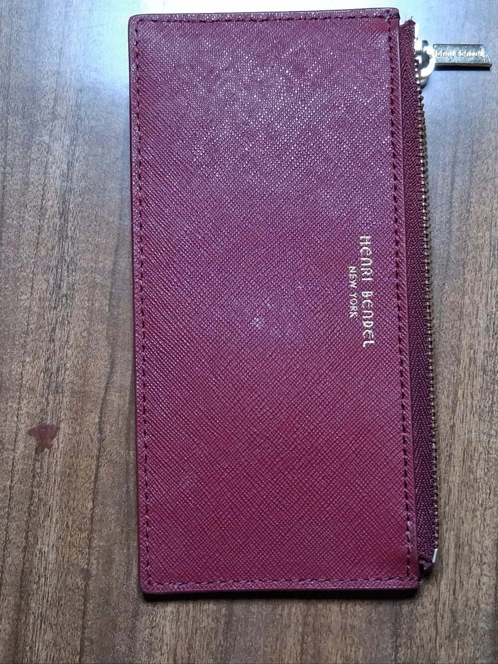 Henri Bendel New York Burgundy Saffiano Leather Zippered Card Case & ID Wallet